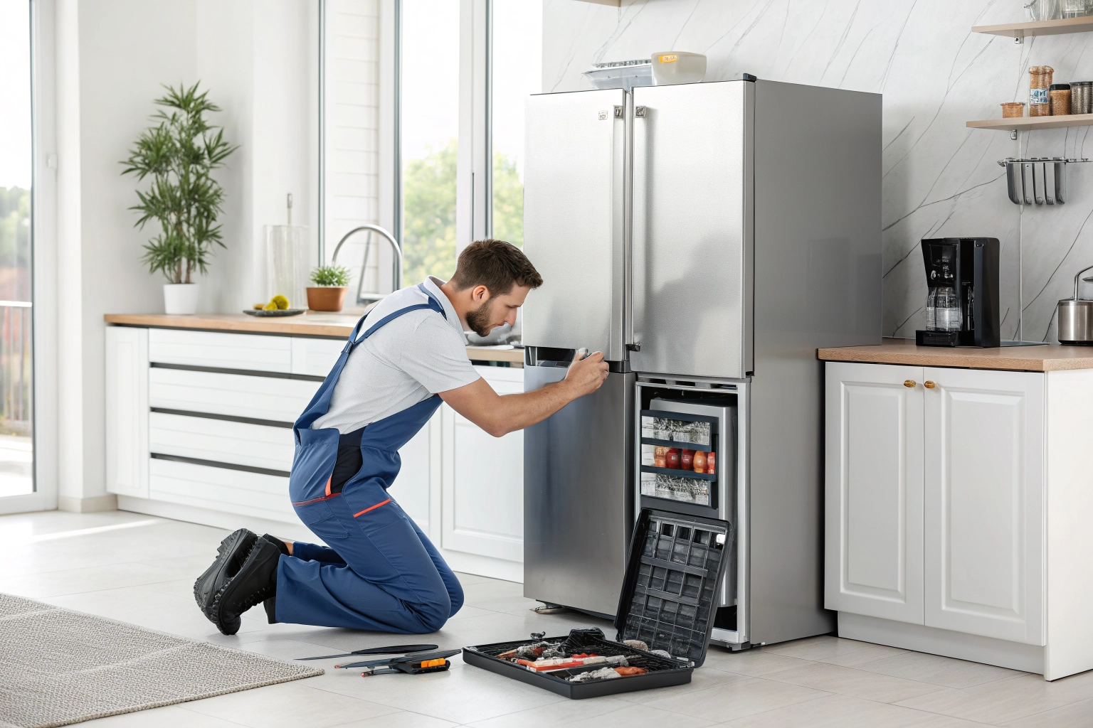 Professional technician repairing a refrigerator
